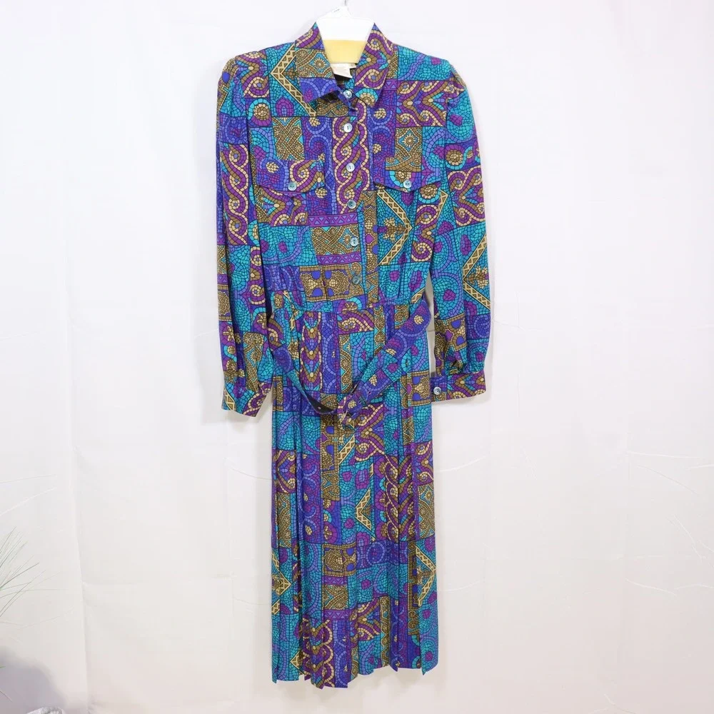 Leslie Fay Shirt Dress 6P Purple Womens Geometric‎ Belted Vintage